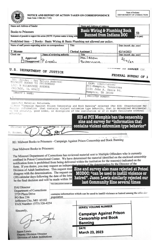 OTICE 4D REFORT OF ACTION TAKEN ON CORRSSFONDENCE | M Books o Pisceers Basic Wiring & Plumbing Bock [ l peonciii INRRRMMISRININ 521ned from Indiana DOC s Prokibited e - 2 Books - Basc Wirng, & Bsic Pumbiag not allowed er polcy: Lo L e e s — iy Teooms Bt [P oee. e e U.S. DERARTMENT OF usrrce SIS at FCI Memphis ban the censarship zine and survey for “information that SRS contains violent extremism type behavior” RE: Midwest Books o Prisoners - Campaign Againt Prison Censrship and Book Danming Dear Midwest Books o Prisomes: G Dpartnent o Coection e eviews i st 0 Mlipe Offendr whe s ey T oW o i el e on he cchod v i o in e i e aston o he () e e vou may et an e el i o Zine and survey also mass rejected at Potasi B ebiueotwpsoce MODOC: “can be used to instill violence or [ PRt TWRWRRIRRY hatred. Jason Lerwis similarly rejected our last Community Zine several times DAl Dt Dot ofConscions S — S aDie P P — . Sefeson iy, MO 65102 FAX Number: (579 $26-4254 - SERETVOUMENRER : Campaign Against Prison g» _,égl, Censorship and Book e T
